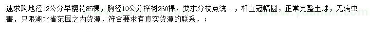 求购地径12公分早樱、胸径10公分榉树