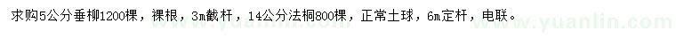 求购5公分垂柳、14公分法桐