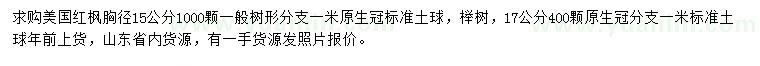 求购胸径15公分美国红枫、17公分榉树