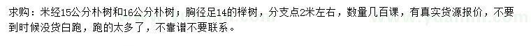 求购米经15、16公分朴树、胸径14公分榉树
