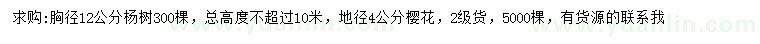 求购胸径12公分杨树、地径4公分樱花
