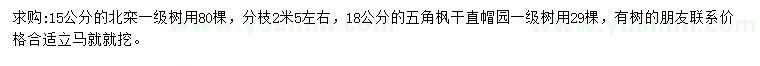 求购15公分北栾、18公分五角枫