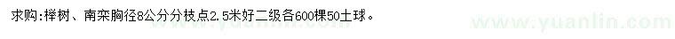 求购胸径8公分榉树、南栾