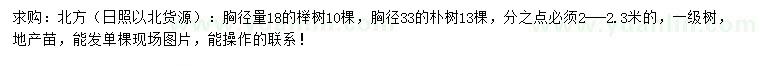 求购胸径18公分榉树、胸径33公分朴树