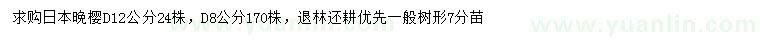 求购地径8,、12公分日本晚樱