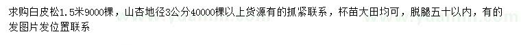 求购1.5米白皮松、地径3公分山杏