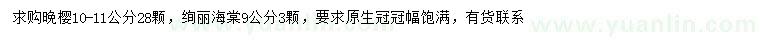 求购10-11公分晚樱、9公分绚丽海棠